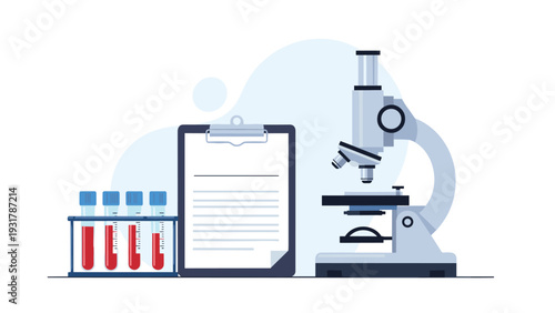 Laboratory research scene features a professional microscope, a clipboard with notes, and test tubes with blood samples.