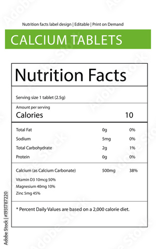 Nutrition Facts Label Template - Calcium Tablets Package Design