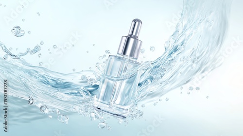 Premium glass dropper bottle surrounded by dynamic water splash on clean light background. Skincare serum concept for cosmetic branding, hydration campaigns and beauty advertising