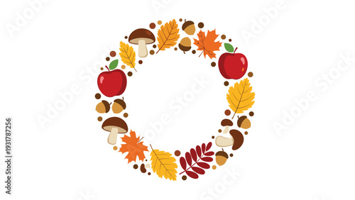 Beautiful autumn frame in a circular shape is made of colorful fall leaves, red apples, mushrooms, and acorns on white.
