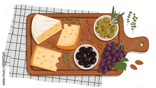 Top view of a wooden cheese board displays three types of cheese, a bunch of grapes, bowls of olives, almonds, and herbs.