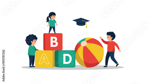 Group of happy children play with large alphabet blocks and a colorful beach ball while a graduation cap floats above.