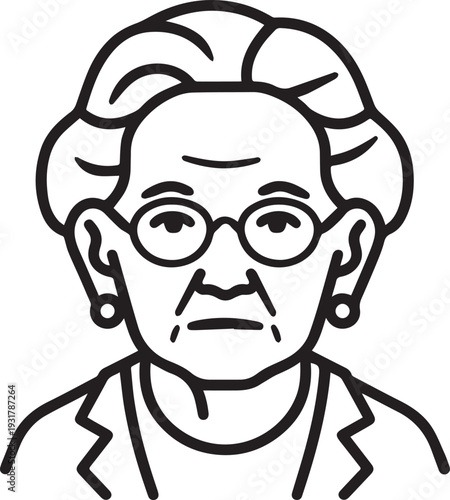 Old Woman Black and White Avatar Illustration in Minimal Line Art Style Design