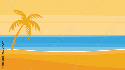 Minimalist tropical beach landscape with a single palm tree golden sand blue ocean water and warm yellow sky vector illustration.