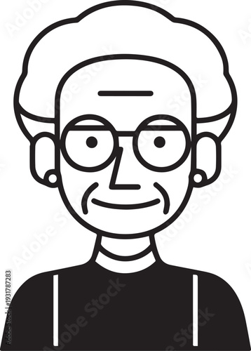 Old Woman Black and White Avatar Illustration in Minimal Line Art Style Design