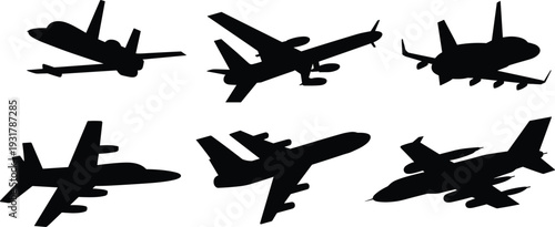 Airplane Silhouette Set of Military and Commercial Aircraft Isolated on White Background Aviation Transport Collection