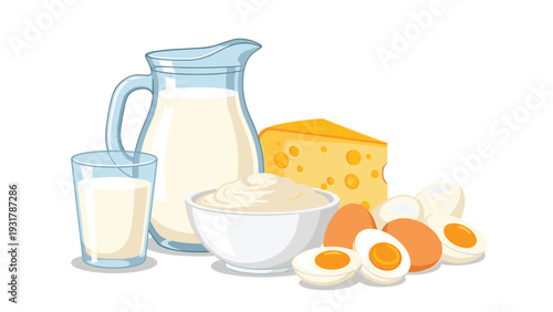 Assortment of fresh dairy products and eggs includes a jug of milk, a bowl of yogurt, Swiss cheese, and boiled eggs.