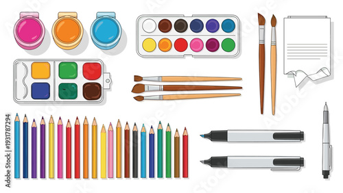 Comprehensive collection of art supplies features jars of paint, watercolor palettes, brushes, pencils, and markers.