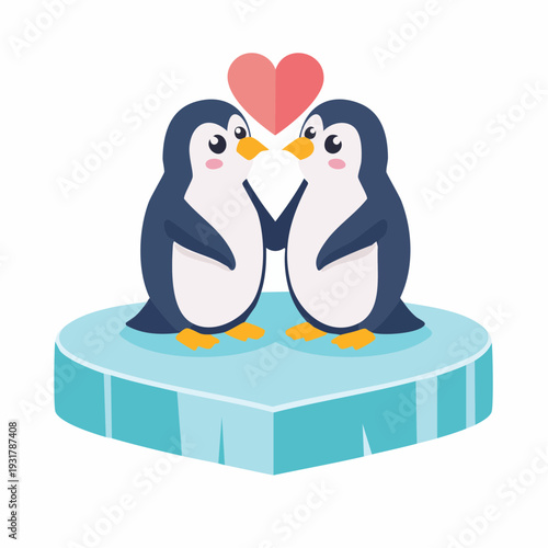 Two cute cartoon penguins in love standing on a heart-shaped ice floe with a red heart above them.