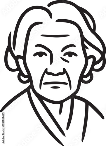 Old Woman Black and White Avatar Illustration in Minimal Line Art Style Design