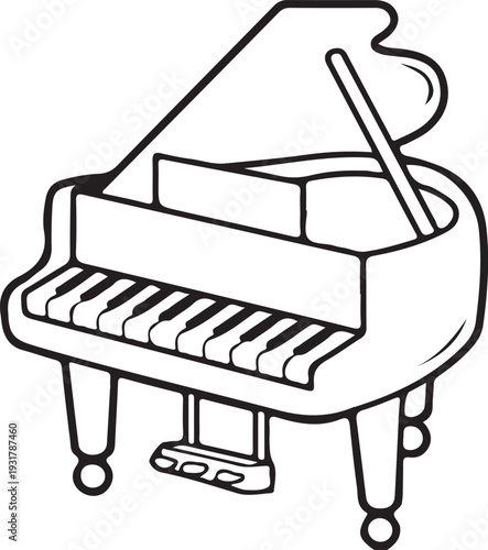 Classical grand piano and keyboard instrument illustration featuring black and white keys with floating musical notes and melody vectors for jazz or concert performance art isolated on a white backgro