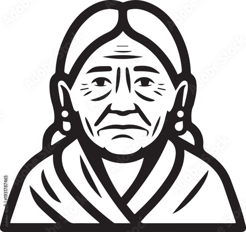 Old Woman Black and White Avatar Illustration in Minimal Line Art Style Design