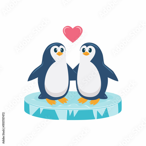 Two cute cartoon penguins standing on an ice floe with a pink heart floating above them, symbolizing love and companionship.