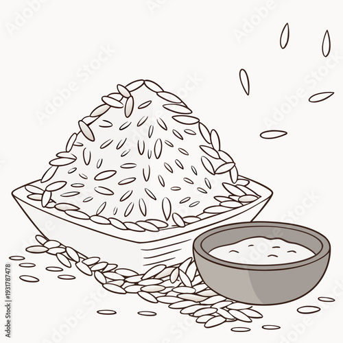 Rice mound with bowl of porridge and scattered grains