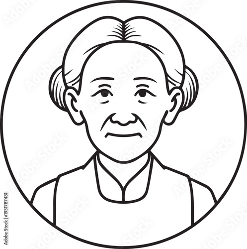 Old Woman Black and White Avatar Illustration in Minimal Line Art Style Design