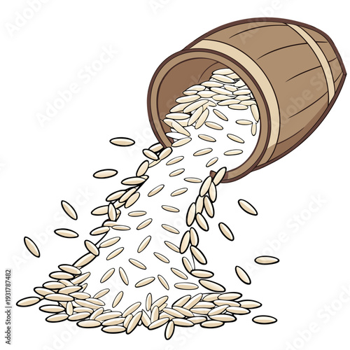 Rice grains spilling from wooden bucket on white background