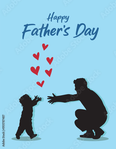 A father reaches out to his baby with hearts floating between them on a light blue background