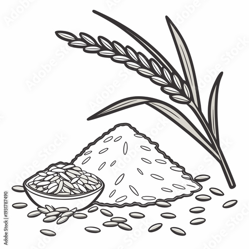 Rice mound with bowl of rice and wheat grain black and white