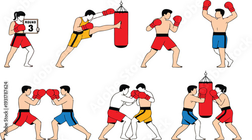 Boxing Training and Match Vector Set Featuring Fighters Punching, Kicking and Sparring in the Ring