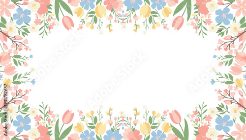 A beautiful pastel floral frame with various spring flowers and green leaves on a white background, perfect for invitations or decorative borders.
