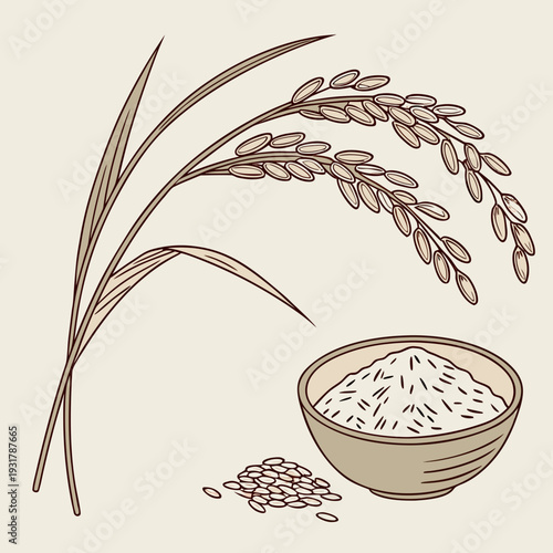 Brown rice bowl with rice grains and plant food