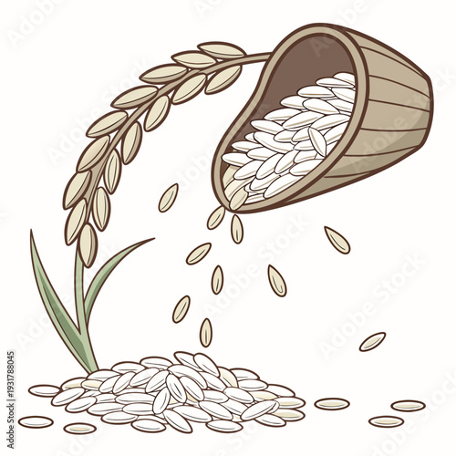 Rice grains spilling from wooden bucket with stalk