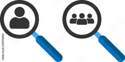 Magnifying glasses focus on individual and group profiles