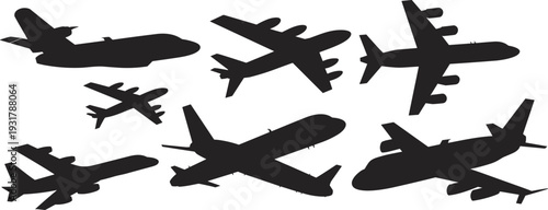 Airplane Silhouette Collection of Passenger Jets in Different Angles Isolated on White Background Aviation Transport Illustration Set