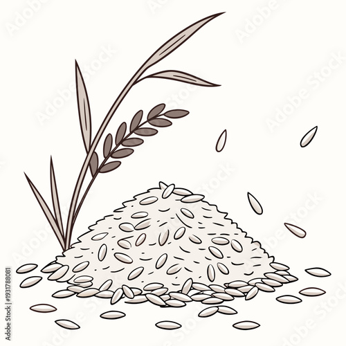 Small mound of long grain rice with scattered grains and plant