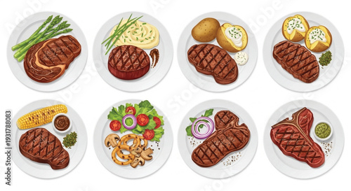 Grilled Steak Dishes with Sides Vector Food Set