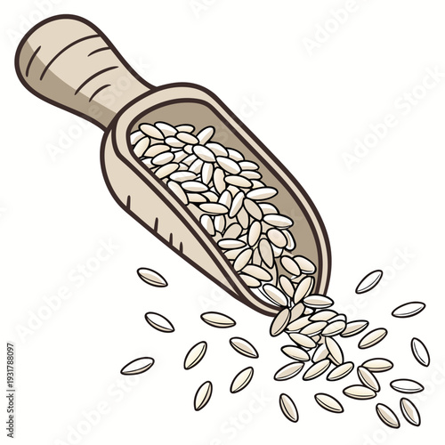 Wooden scoop pouring uncooked white rice grains food