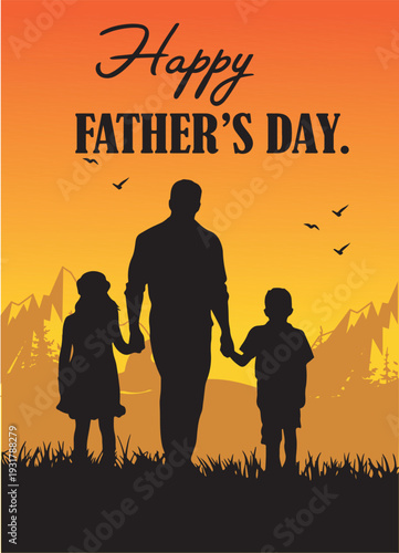 A father walks with his son and daughter, holding hands against a scenic sunset mountain landscape