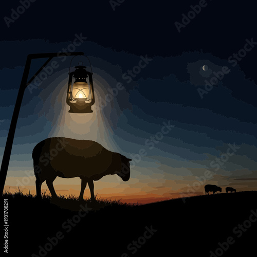 Tranquil rural evening scene with sheep grazing under a vintage lantern light, against a twilight sky with a crescent moon