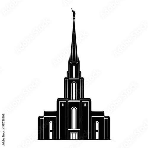 Black and white vector illustration of The Salt Lake Temple, a revered landmark of The Church of Jesus Christ of Latter-day Saints, featuring the Angel Moroni statue atop its spire