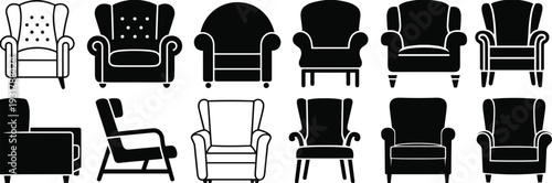 Armchair Silhouette Collection with Classic and Modern Lounge Chairs Isolated on White Background Furniture Design Illustration Set