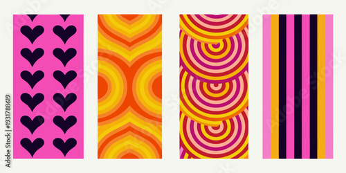 Four vibrant vertically oriented panels showcasing bold geometric patterns