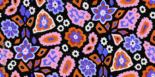 A vibrant floral pattern with bold shapes and contrasting colors