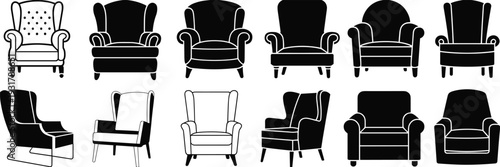 Armchair Silhouette Set Featuring Classic and Modern Upholstered Chairs Isolated on White Background Furniture Design Collection