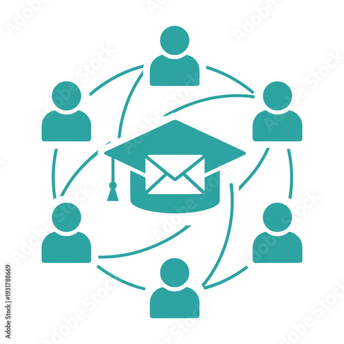 Graduation cap with envelope surrounded by connected figures symbolizing networking