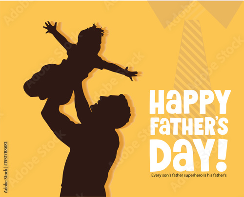 A happy father lifting his child silhouette celebrating Fathers Day on a warm yellow background