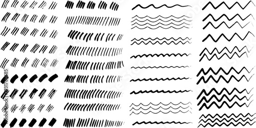 Collection of abstract black lines and wave patterns on white background