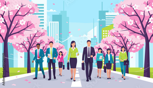 Diverse business professionals walking along a cherry blossom-lined street in a modern city during spring.