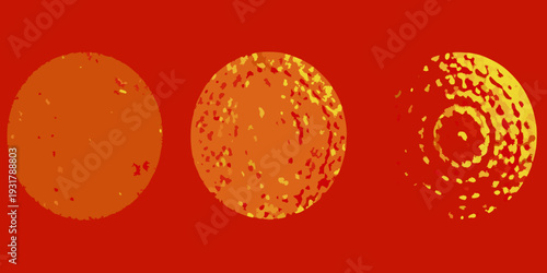 Three circular forms showing increasing levels of fragmentation and decay