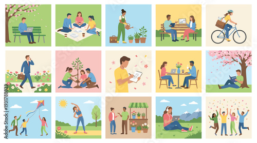 A collection of illustrations depicting people enjoying various outdoor activities and moments of relaxation in nature.