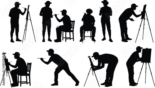 Artist Silhouettes Painting on Easel in Various Poses Isolated on White Background Creative Art and Painter Concept Collection