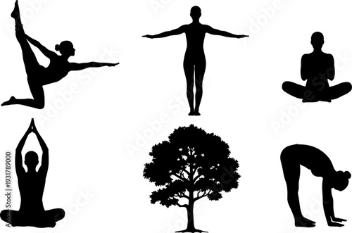 Yoga Pose Silhouette Illustration Set with Meditation, Stretching, Tree, and Fitness Postures for Wellness, Mindfulness, and Healthy Lifestyle Design
