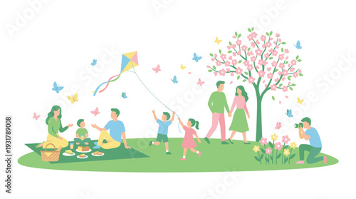 A vibrant illustration depicts a joyful family enjoying a sunny spring day outdoors with a picnic, kite flying, and photography amidst blooming flowers and butterflies.