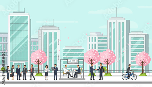 Business people interacting in a modern city with cherry blossom trees, depicting urban life and professional engagements.