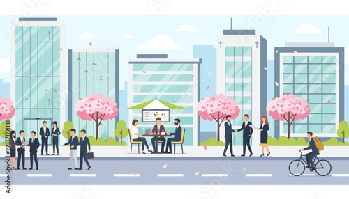 A vibrant city street scene with business people, modern buildings, and cherry blossom trees in spring.