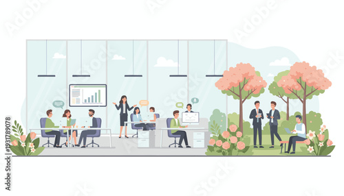 Modern office interior with employees working and collaborating, featuring an integrated outdoor green space with trees and people relaxing.